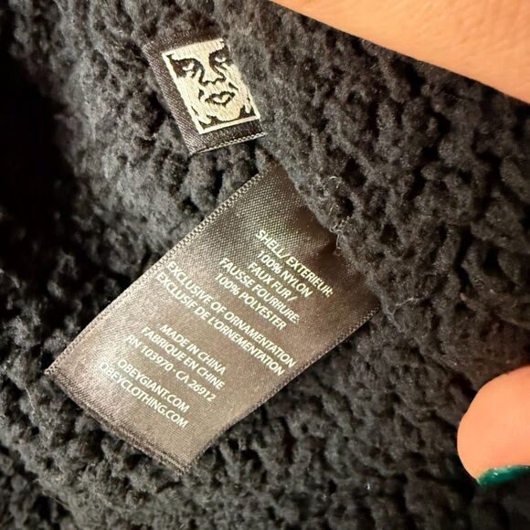 Obey Rose Embroidery Fleece-Lined Longline Black Bomber Jacket size M - Picture 12 of 12